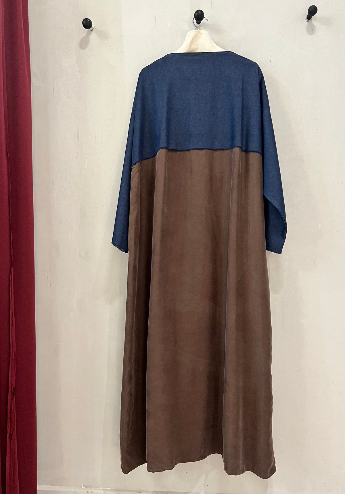 Abaya- a rich chocolate brown base accented with soft taupe panels and elegant deep navy sleeves
