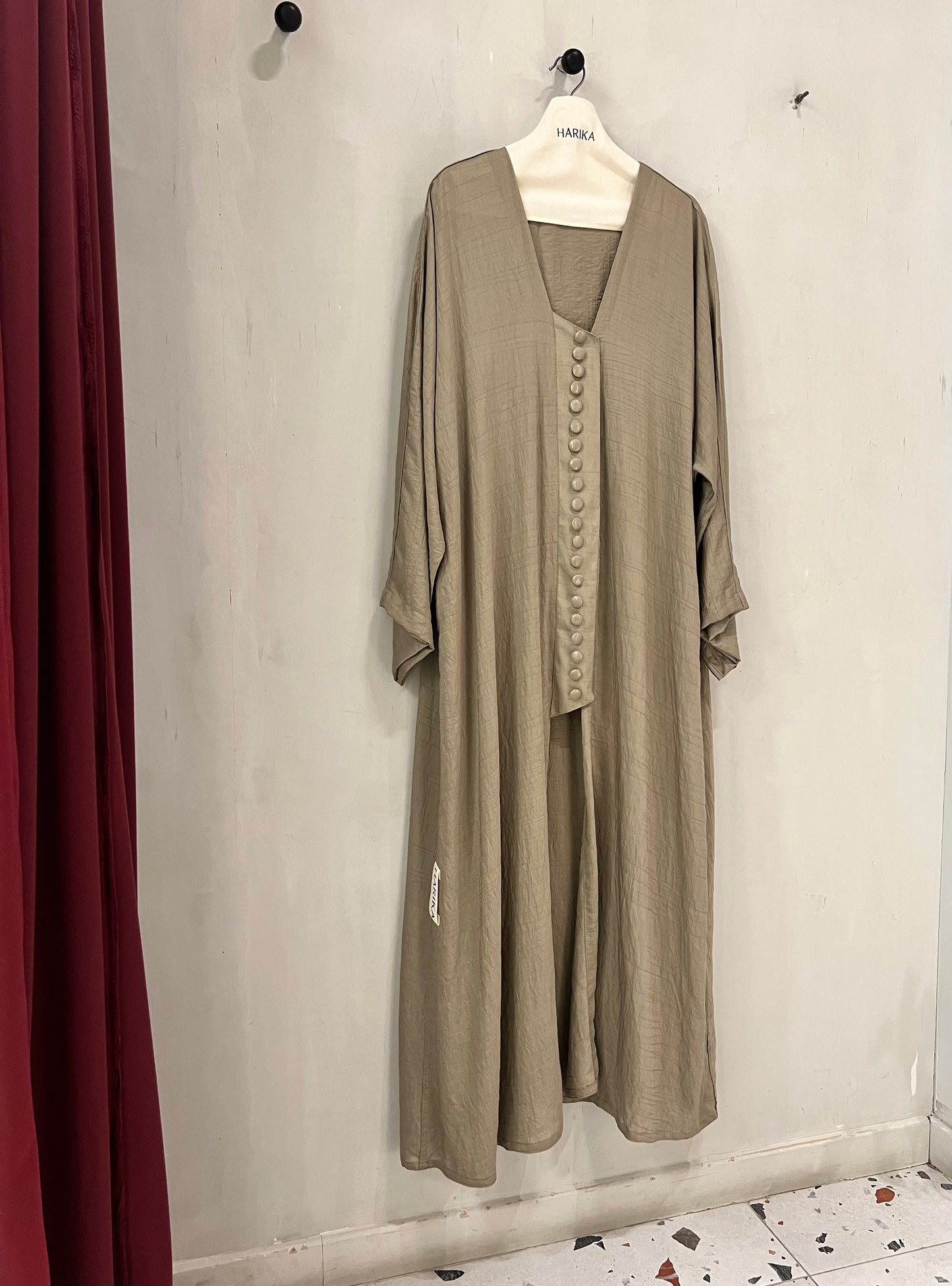 Abaya - Sand beige neutral tone designed with delicate button details