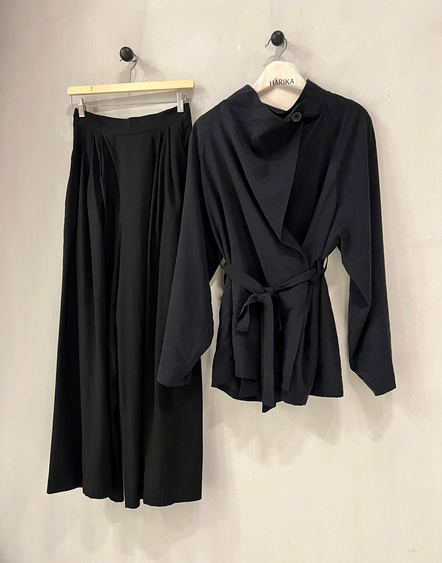 Black - Two piece set (wrap top + pleated trouser) Adjustable waist tie and flowy pleated trouser