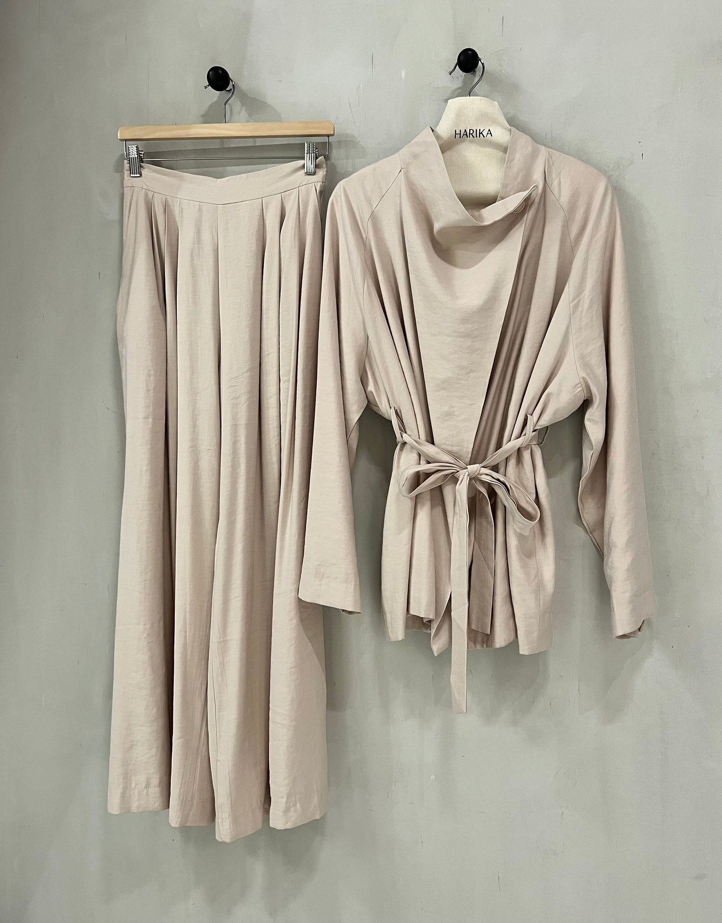 Beige - Two piece set (wrap top + pleated trouser) Adjustable waist tie and flowy pleated trouser