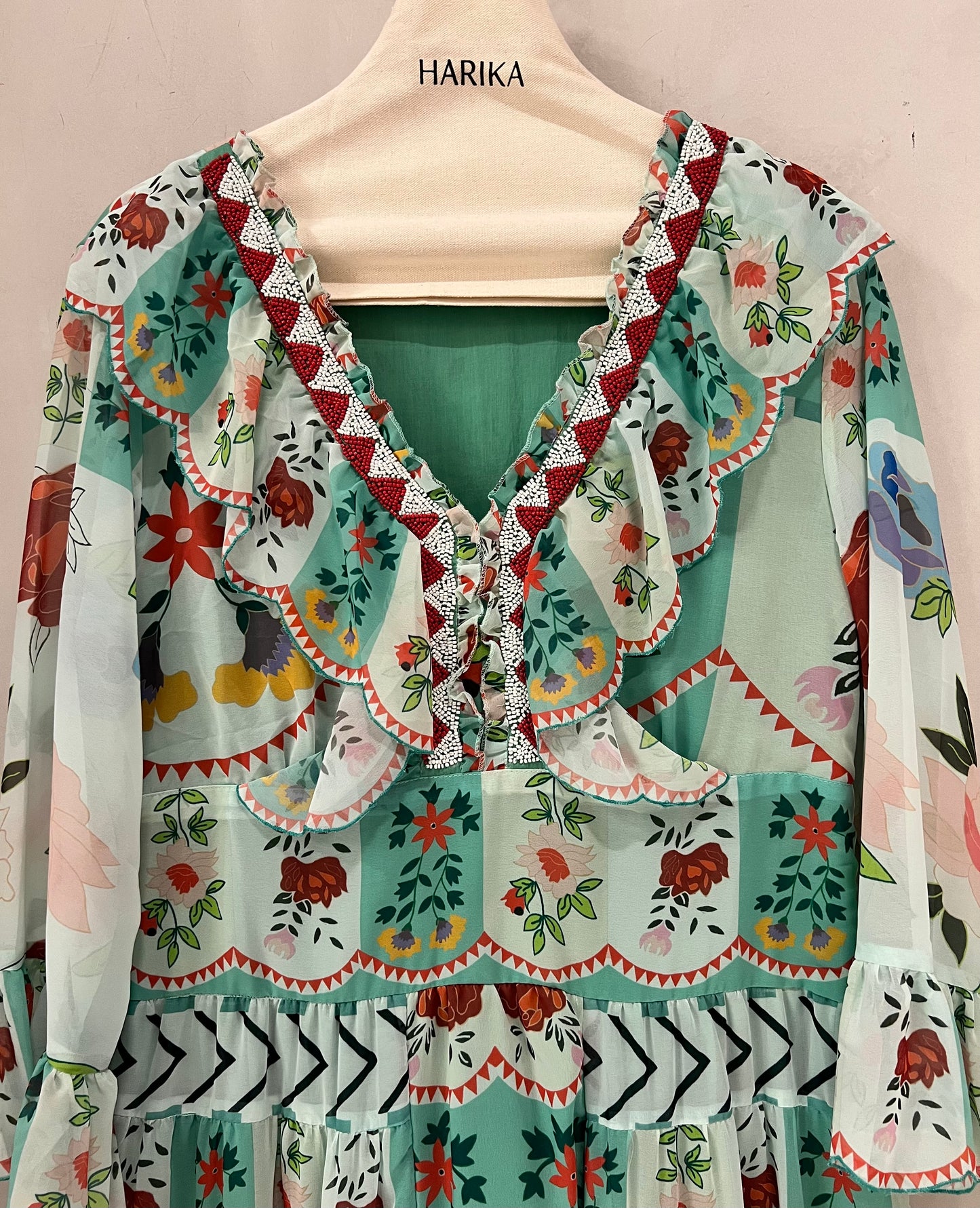 Dress - Mint Green-Bohemian Floral Tiered Maxi Dress