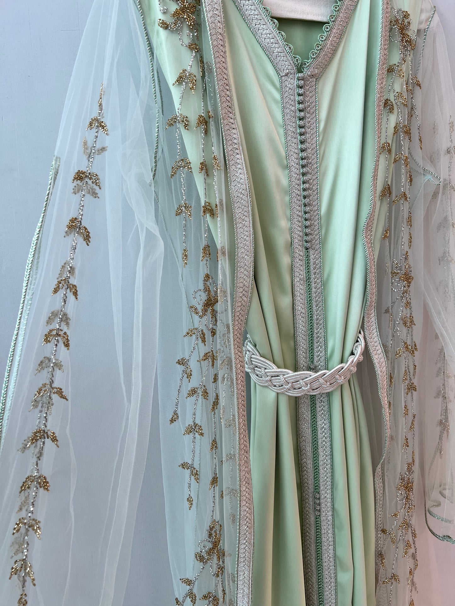 Jalabiyah - Soft Pistachio - Gold Floral Embroidered Set