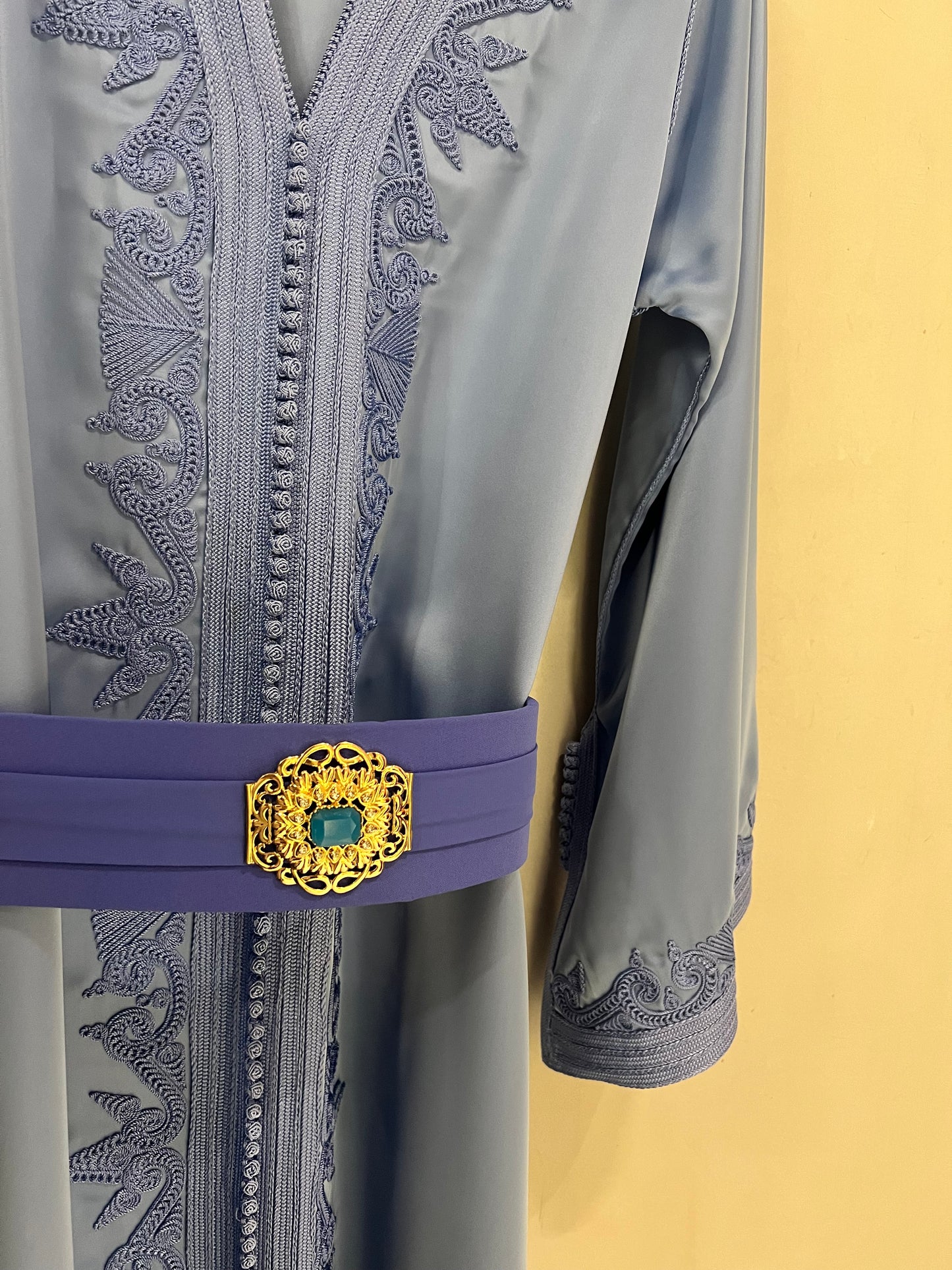 Jalabiyah - Moroccan Dusty Blue with gold buckle and emerald accent