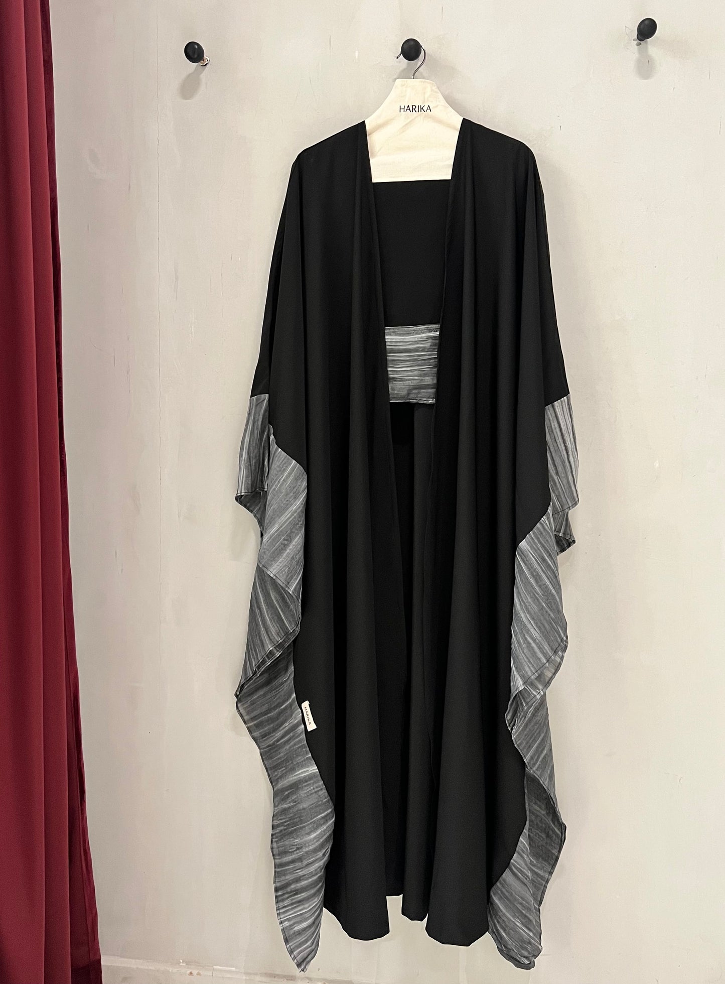 Abaya - Black kaftan-style, beautifully accented with soft gray textured panels for a refined contrast