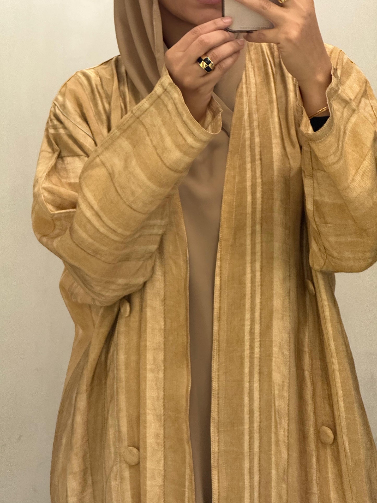 Abaya - Golden Striped front covered button