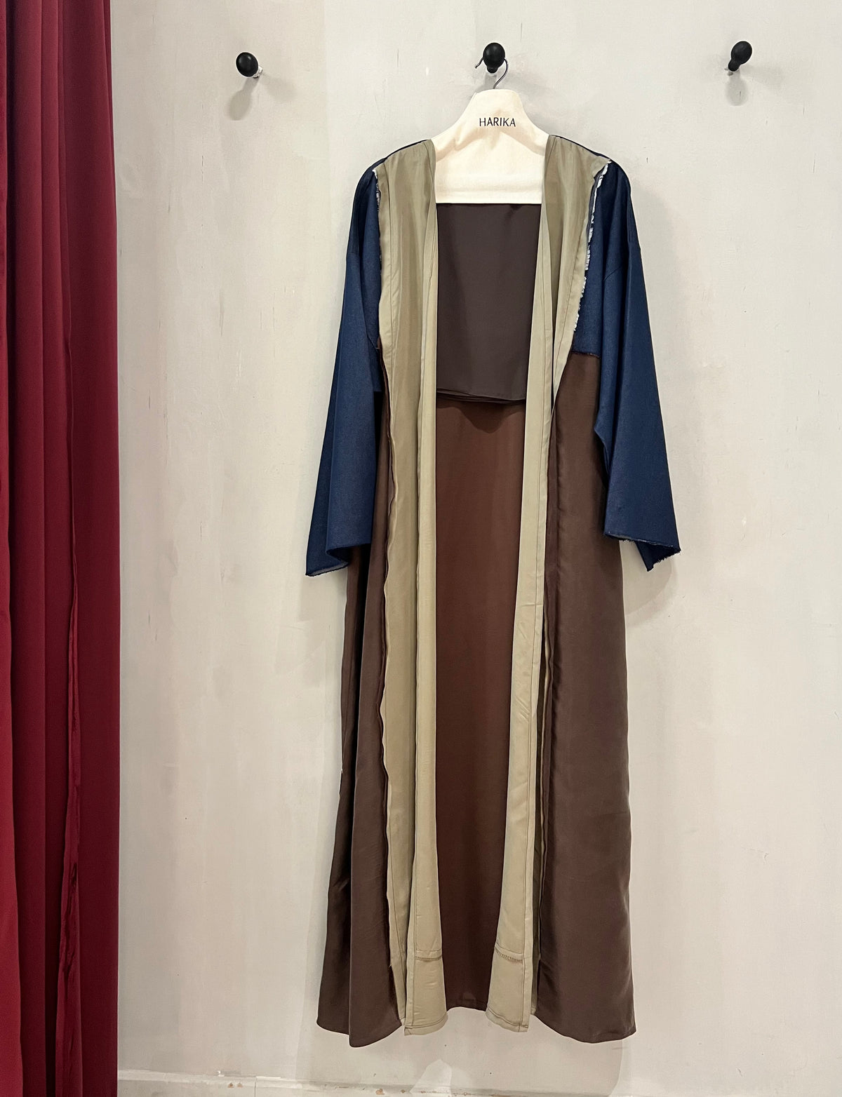 Abaya- a rich chocolate brown base accented with soft taupe panels and elegant deep navy sleeves