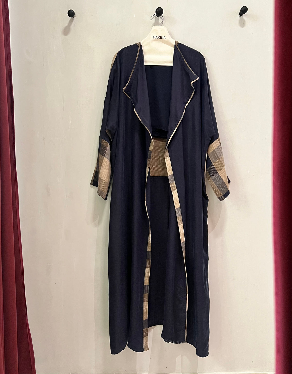 Abaya- sophisticated navy blue abaya, beautifully detailed with elegant beige and brown plaid accents