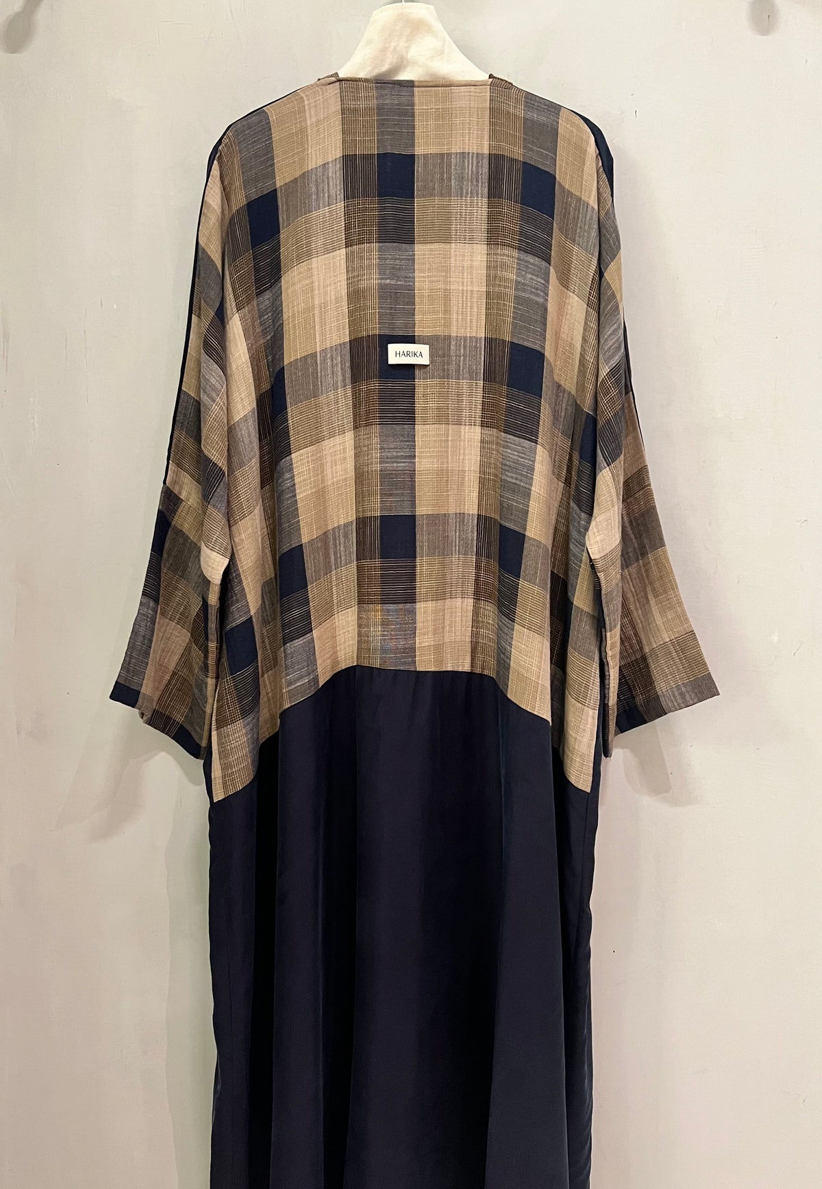 Abaya- sophisticated navy blue abaya, beautifully detailed with elegant beige and brown plaid accents