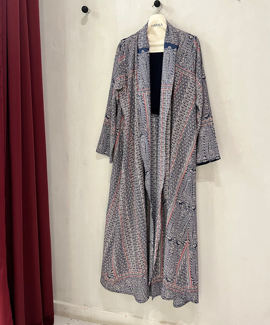 Abaya - Rich navy base with intricate ivory ornamental prints