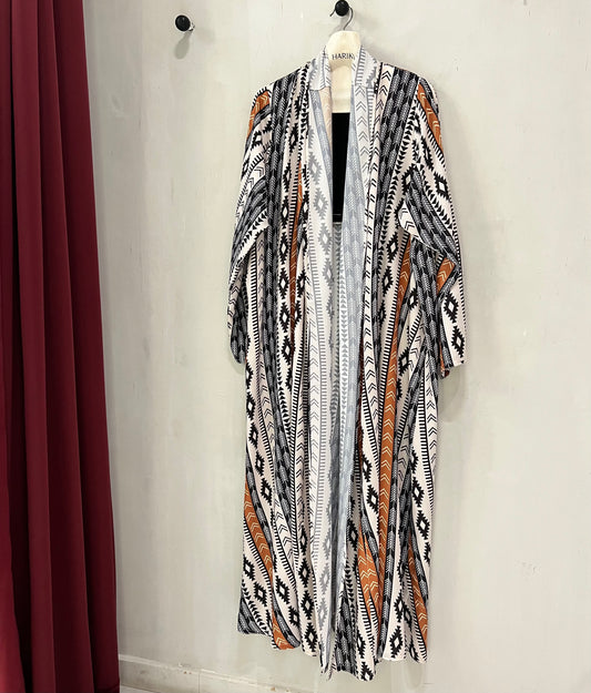 Abaya - Black and ivory base with rust accent stripes