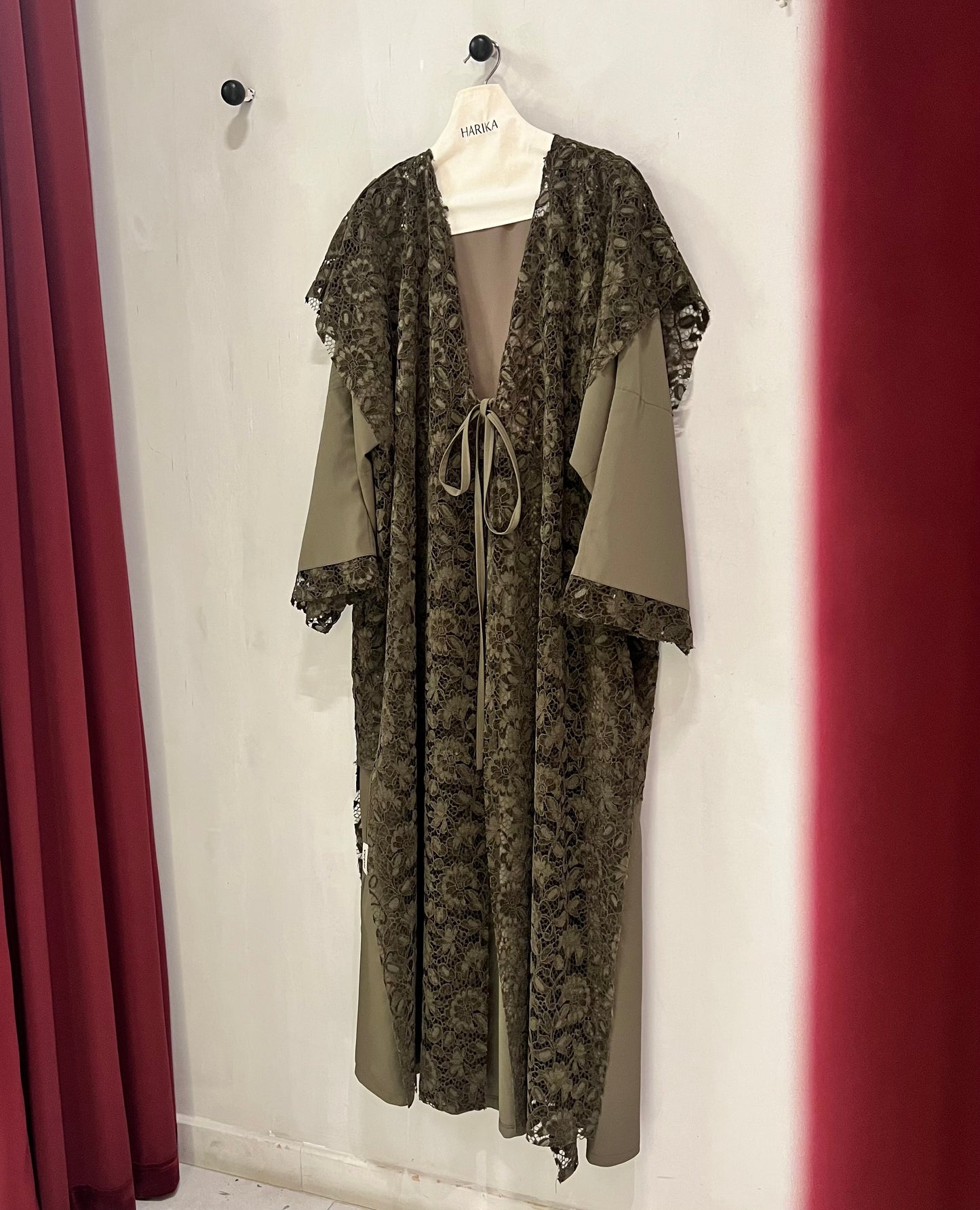 Abaya - Floral lace in olive with front tie detail