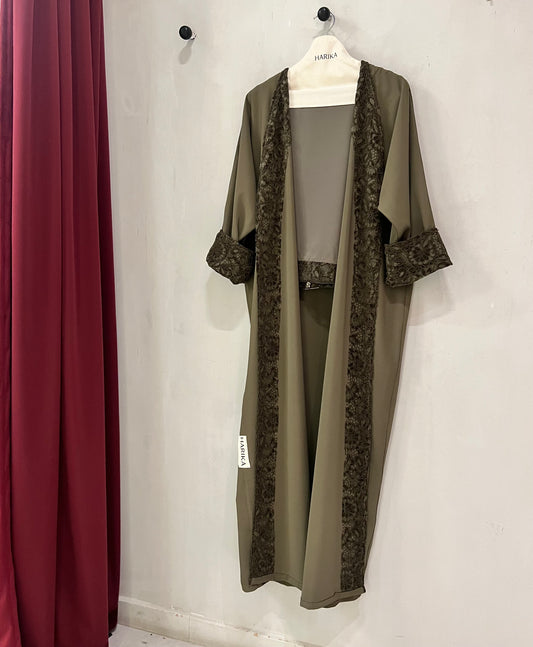 Abaya - Elegant Olive Lace Trim