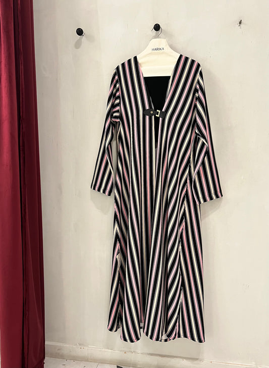 Abaya - Elegant black, pink, and cream stripe pattern with stylish front buckle closure