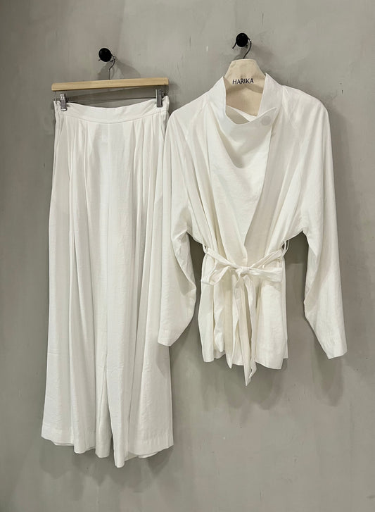 White -  Two piece set (wrap top + pleated trouser) Adjustable waist tie and flowy pleated trouser