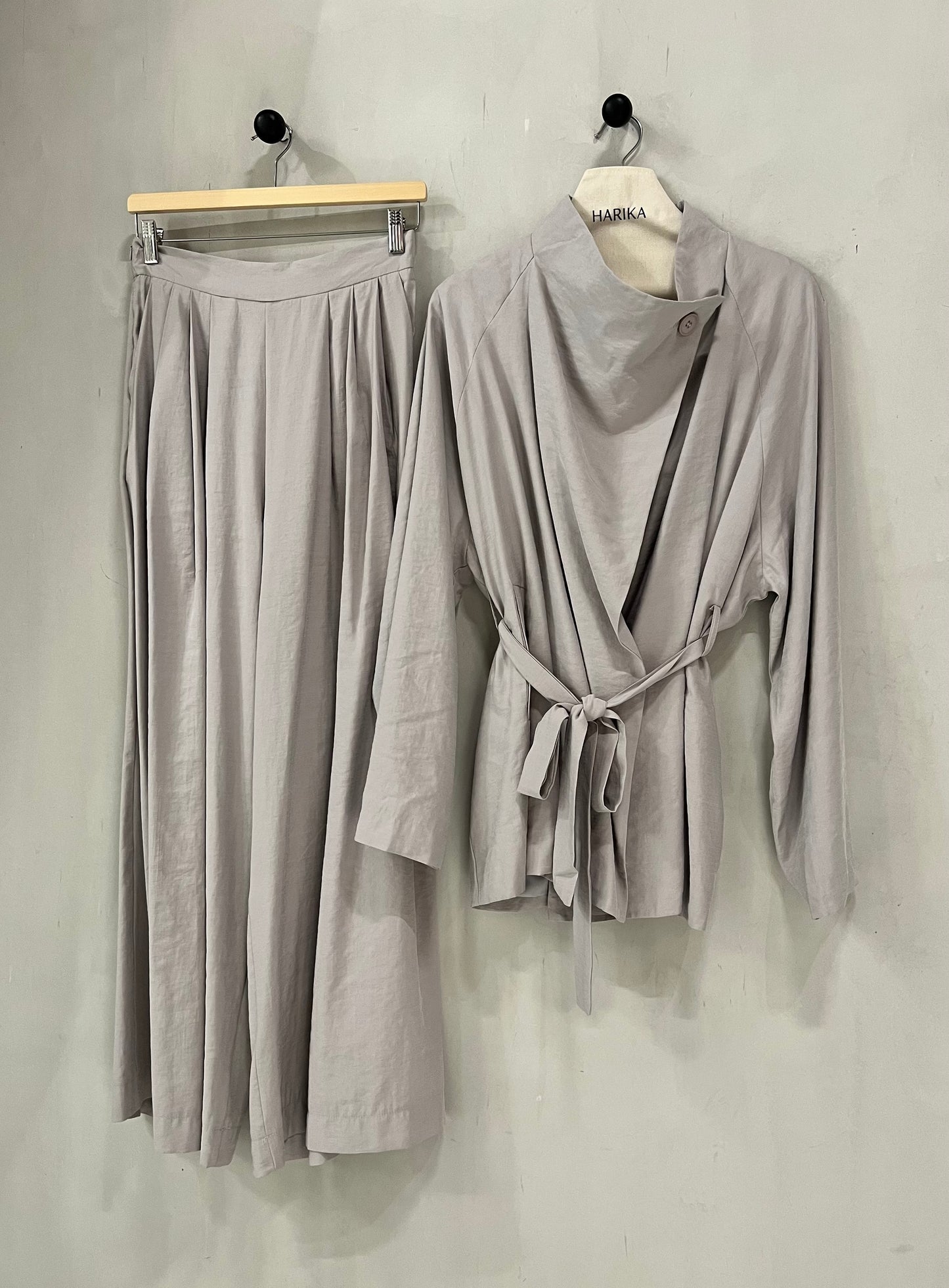 Gray -  Two piece set (wrap top + pleated trouser) Adjustable waist tie and flowy pleated trouser