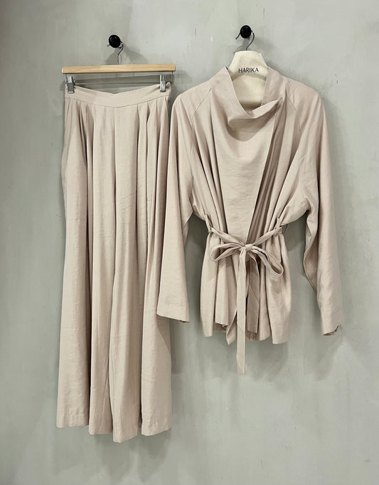 Beige - Two piece set (wrap top + pleated trouser) Adjustable waist tie and flowy pleated trouser
