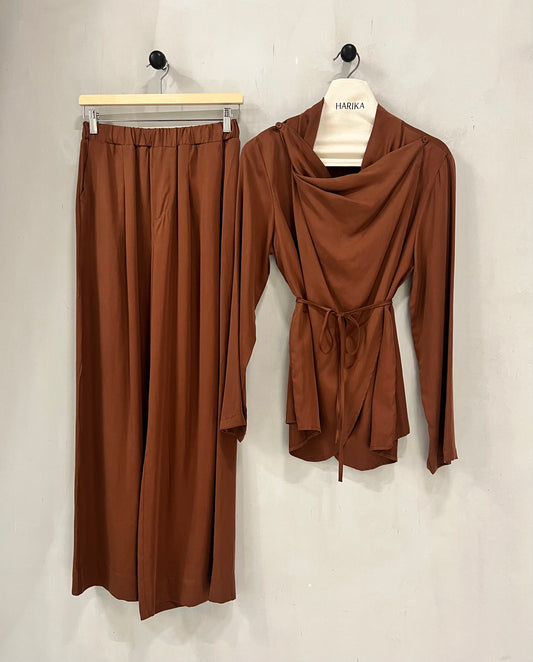 Brown - Two-piece set: draped long-sleeve top and wide-leg pants