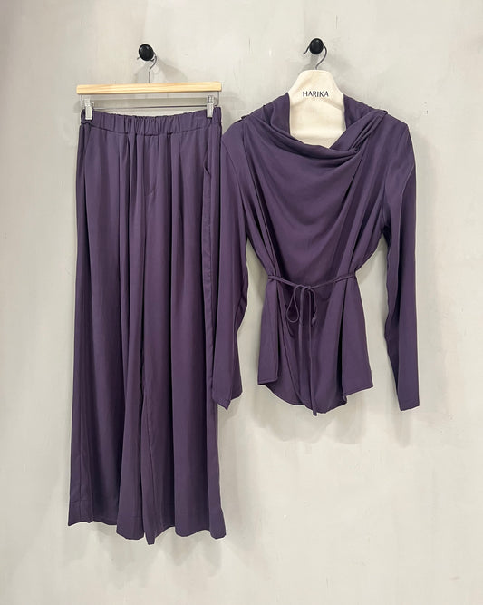 Plum Purple - Two-piece set: draped long-sleeve top and wide-leg pants