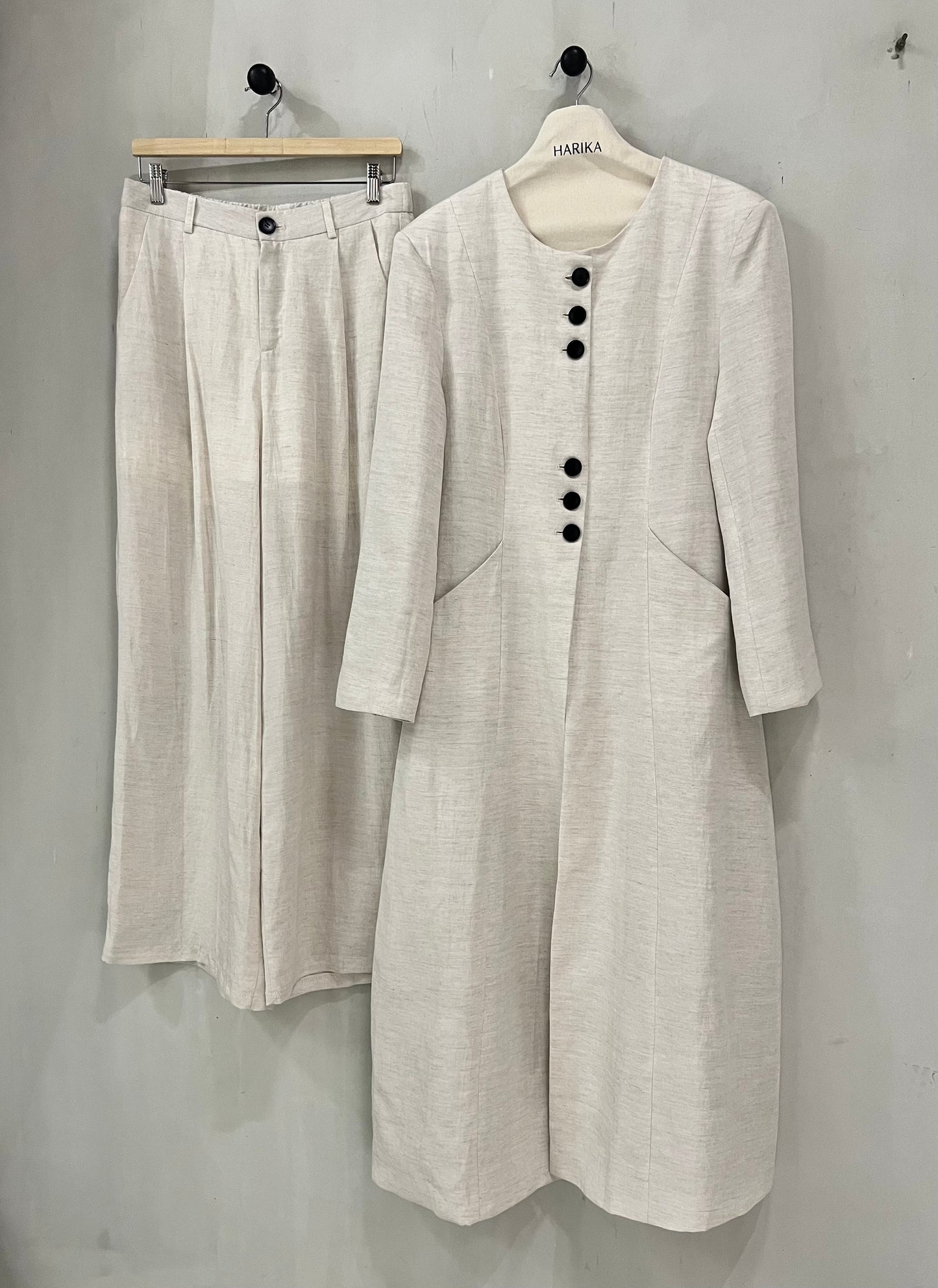 Natural beige - Elegant Button-Detail Two-Piece Set (longline top + trouser)