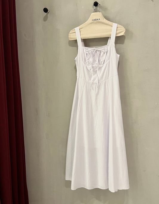 Dress - White-Classic square neckline with elastic front detail