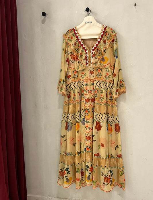 Dress - Warm Sand-Bohemian Floral Tiered Maxi Dress