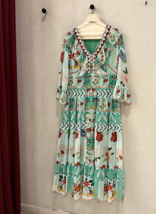 Dress - Mint Green-Bohemian Floral Tiered Maxi Dress