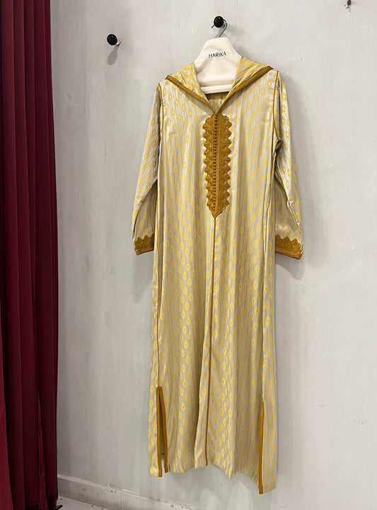 Jalabiyah - Elegant Soft beige base hooded with luminous gold pattern and embroidery