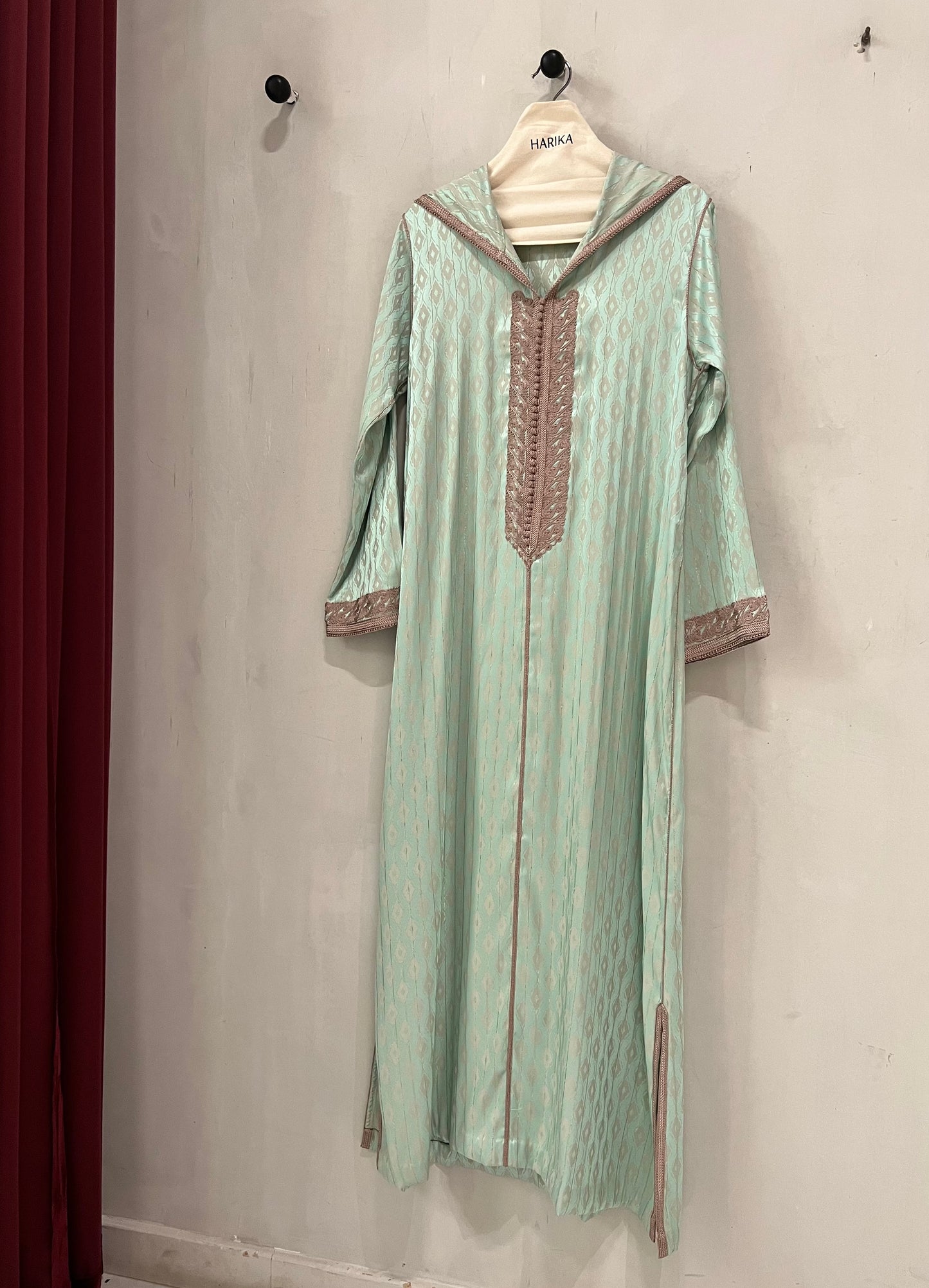 Jalabiyah - Elegant soft mint green hooded with taupe-toned embroidery accents