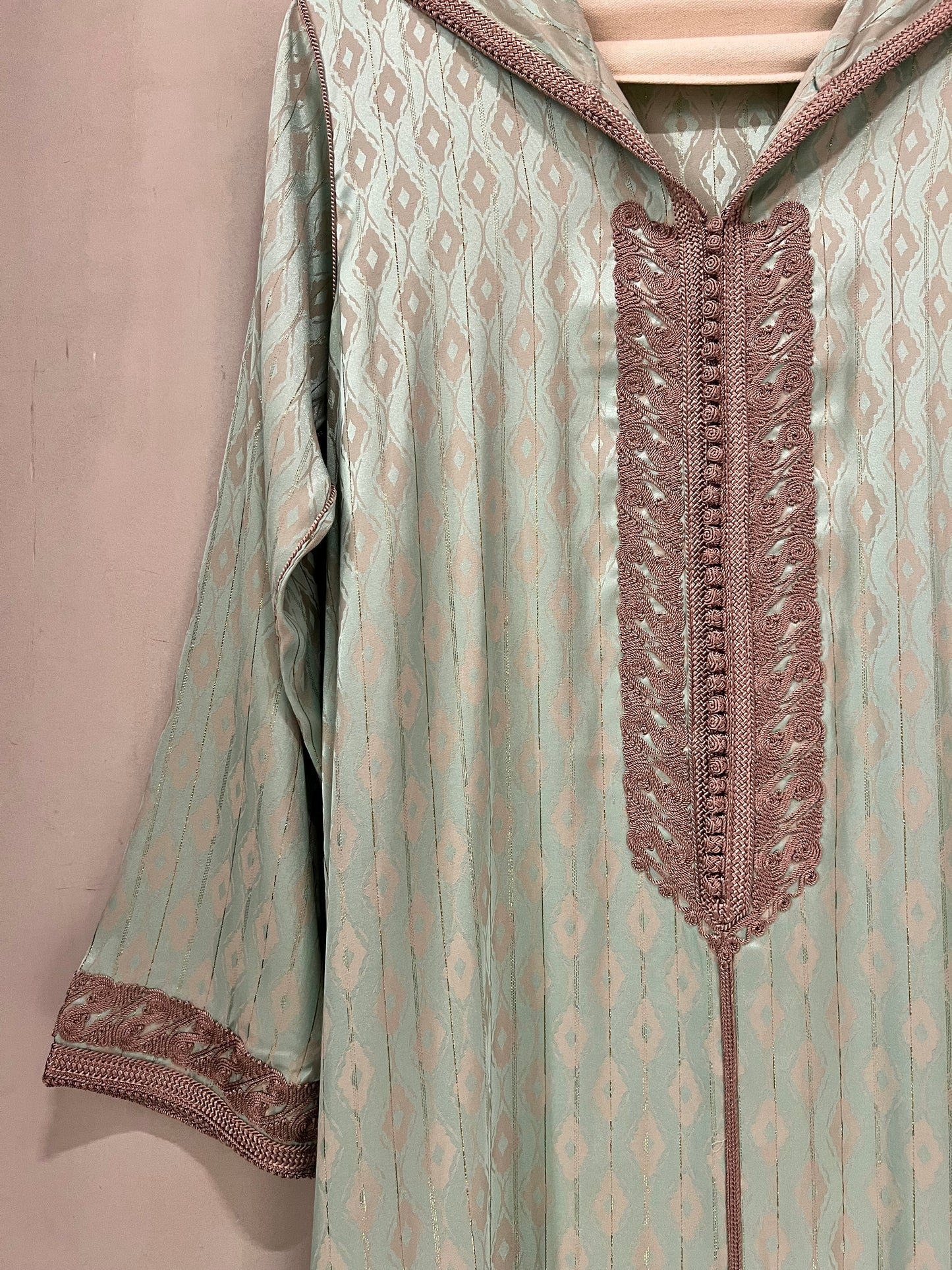 Jalabiyah - Elegant soft mint green hooded with taupe-toned embroidery accents