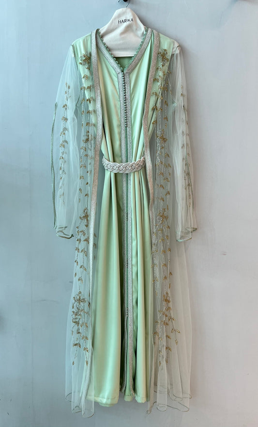 Jalabiyah - Soft Pistachio - Gold Floral Embroidered Set