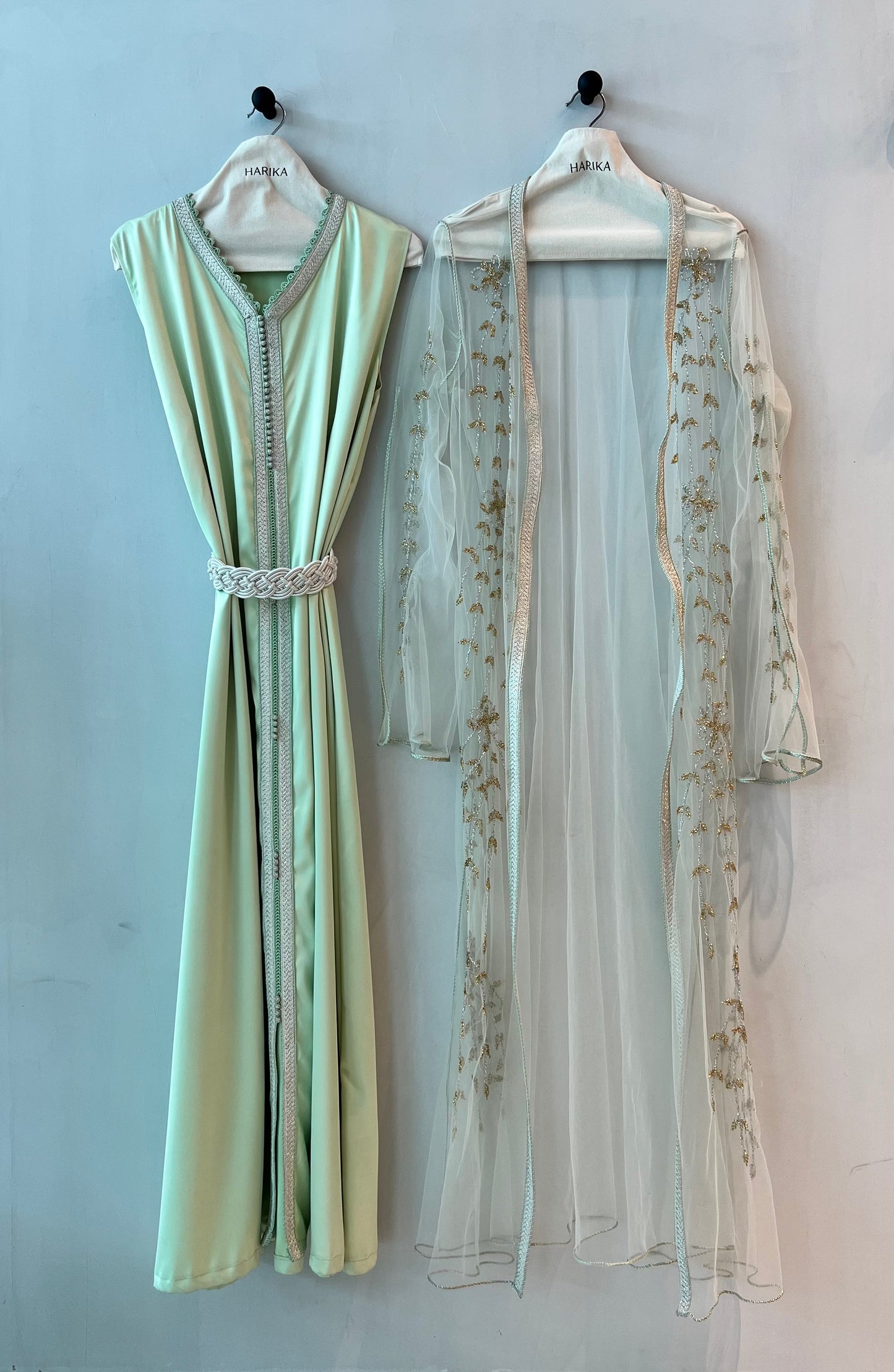 Jalabiyah - Soft Pistachio - Gold Floral Embroidered Set