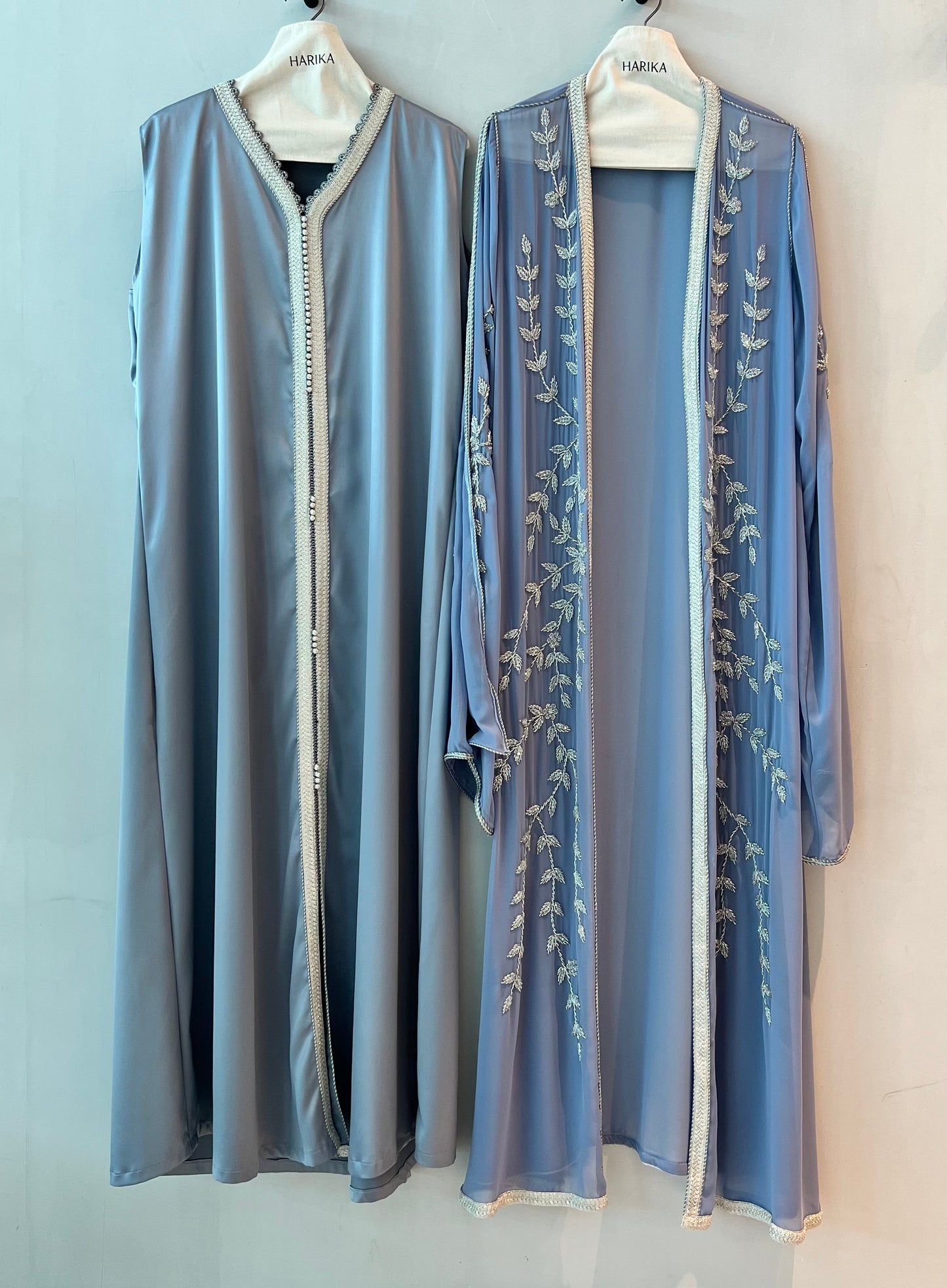 Jalabiyah - Dusty Blue - Silver Leaf Embroidered Set