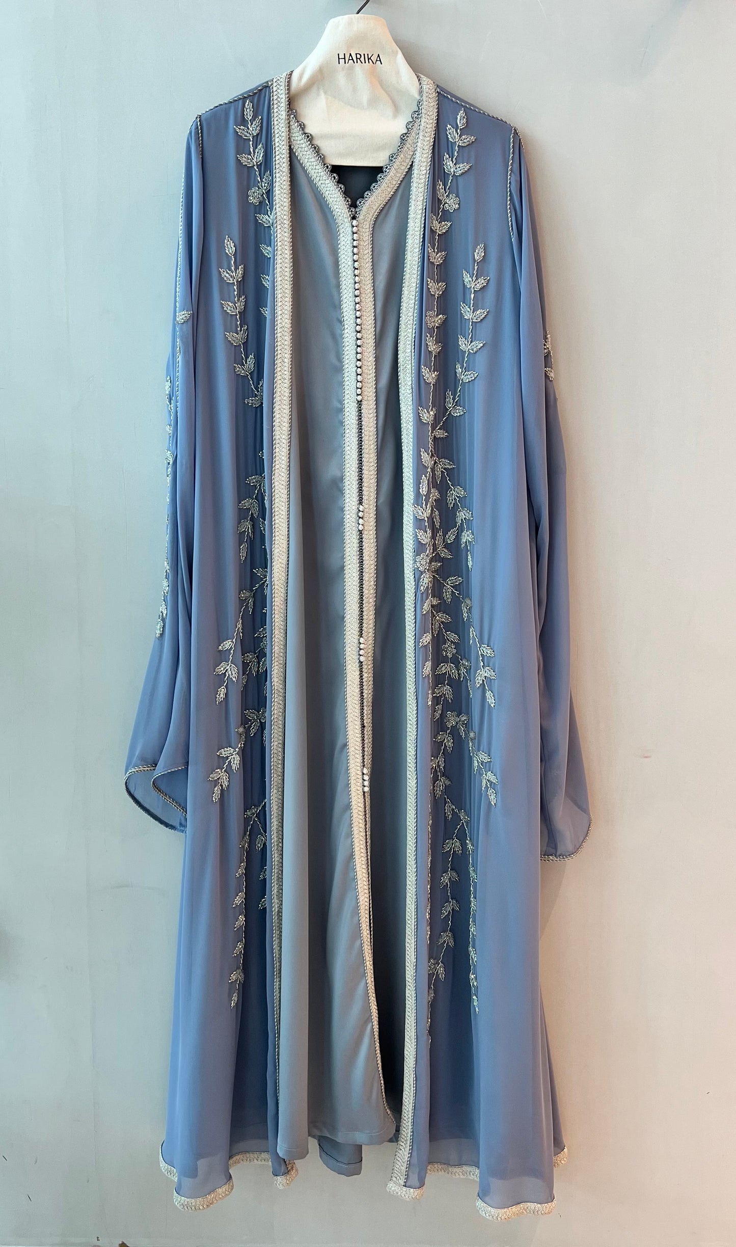 Jalabiyah - Dusty Blue - Silver Leaf Embroidered Set