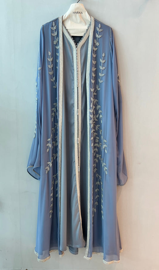 Jalabiyah - Dusty Blue - Silver Leaf Embroidered Set