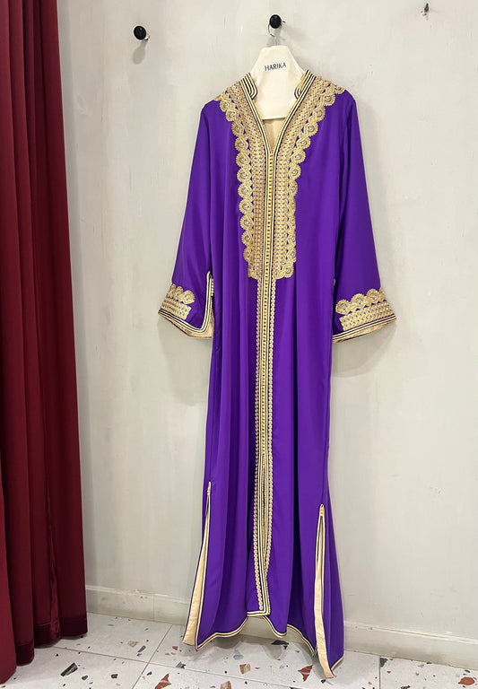Jalabiyah - Royal Purple Embroidered with ornate gold belt design