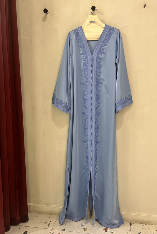 Jalabiyah - Moroccan Dusty Blue with gold buckle and emerald accent
