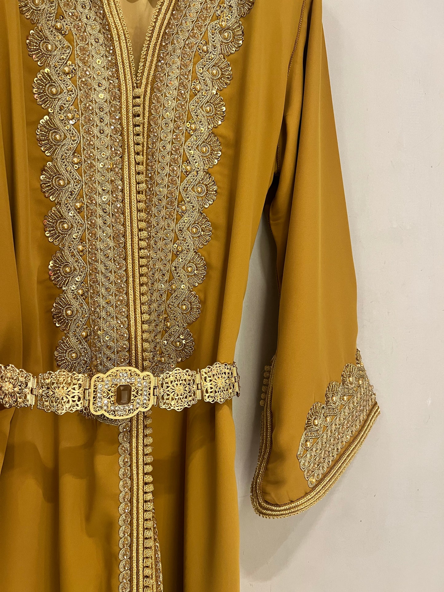 Jalabiyah - Golden Mustard Embroidered with ornate decorative belt