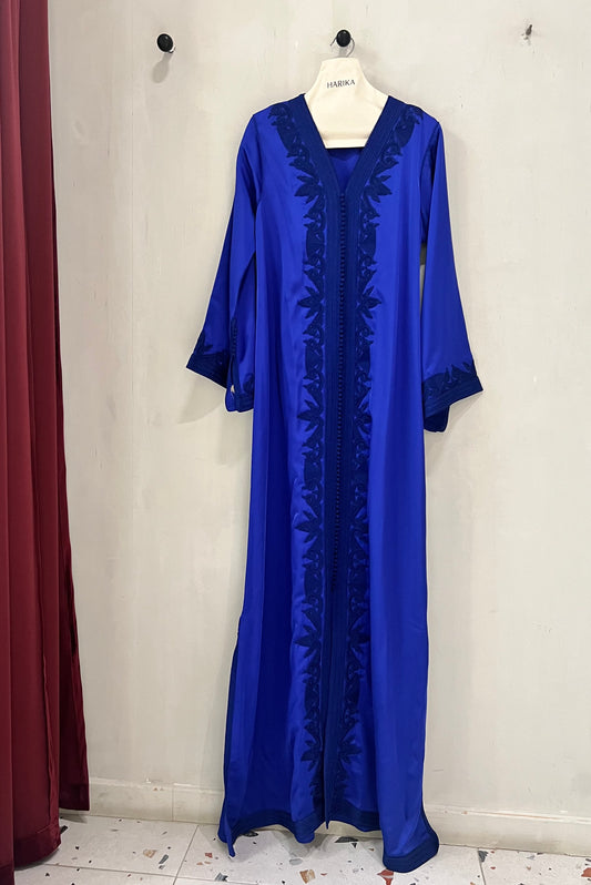 Jalabiyah- Royal Blue - Intricate dark embroidery along the front panel and sleeves