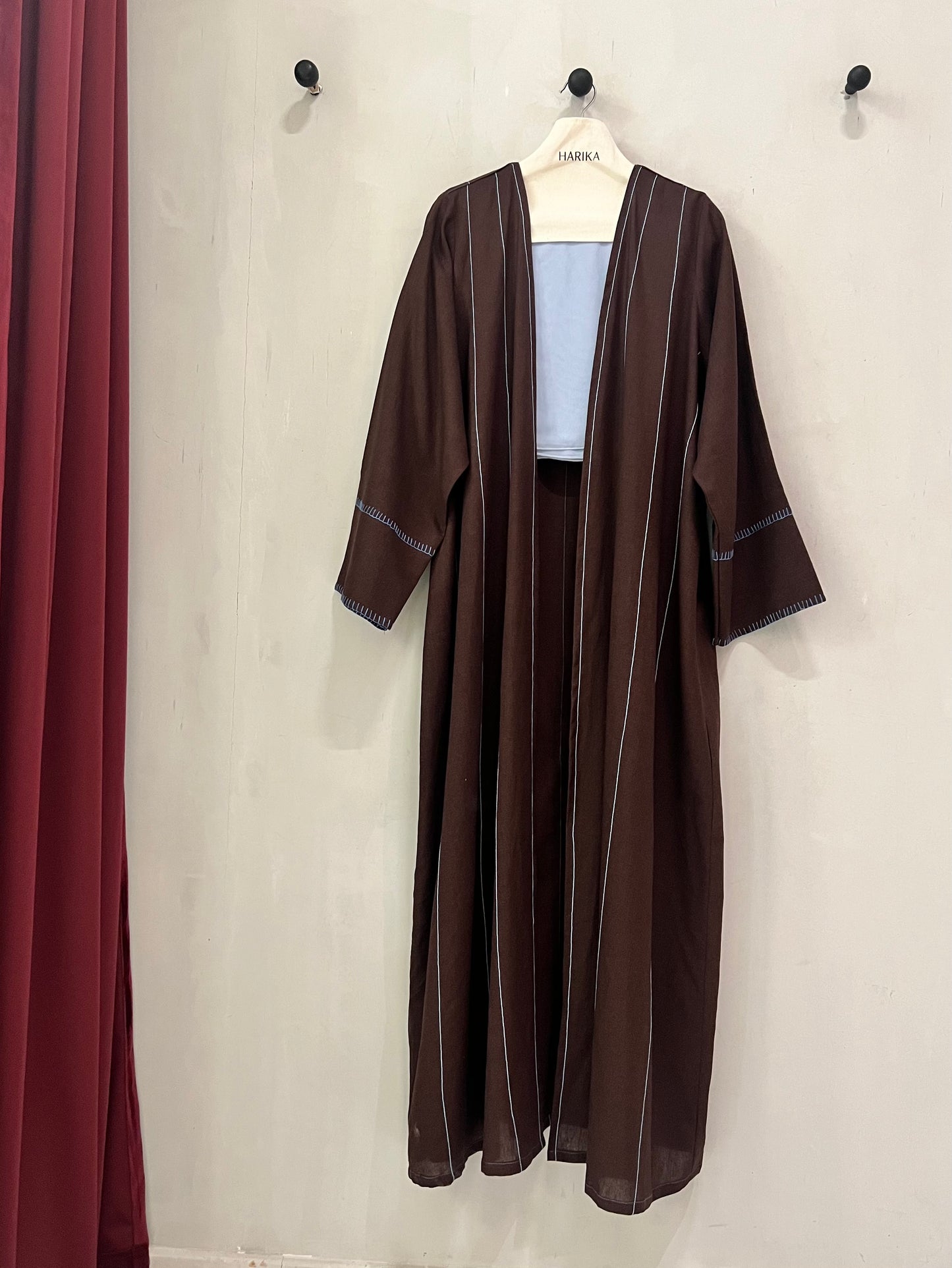 Abaya - Chocolate brown with delicate vertical contrast piping