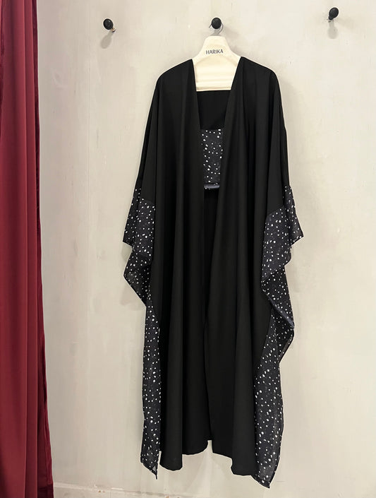 Abaya- Black kaftan style, beautifully enhanced with delicate white polka dot accents