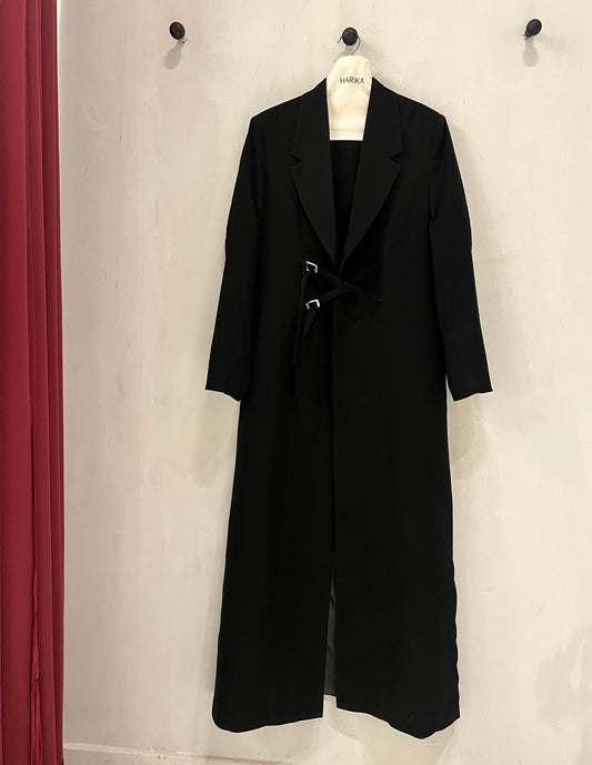 Abaya- modern statement piece featuring a tailored blazer collar and signature buckle-wrap detail