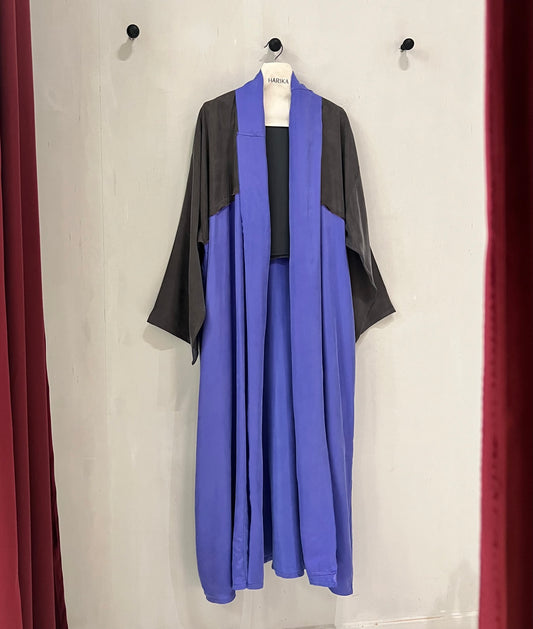 Abaya- a flowing amethyst purple accented with sleek gray sleeves and shoulder panels