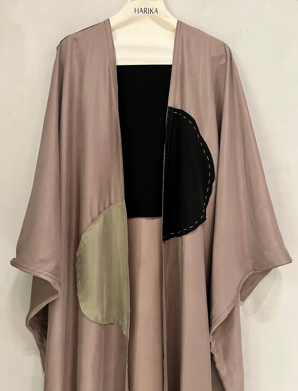 Abaya- sophisticated taupe with artistic black and olive panels