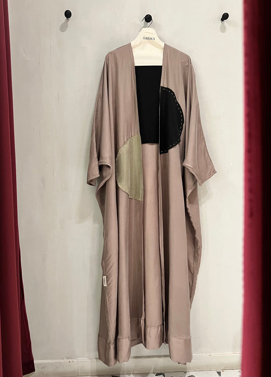 Abaya- sophisticated taupe with artistic black and olive panels