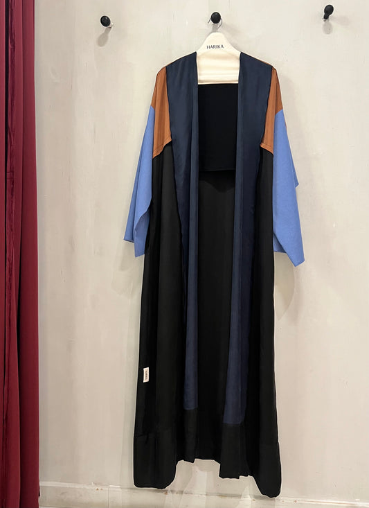 Abaya- A beautiful black and deep navy abaya accented with warm caramel brown and soft blue jeans sleeves