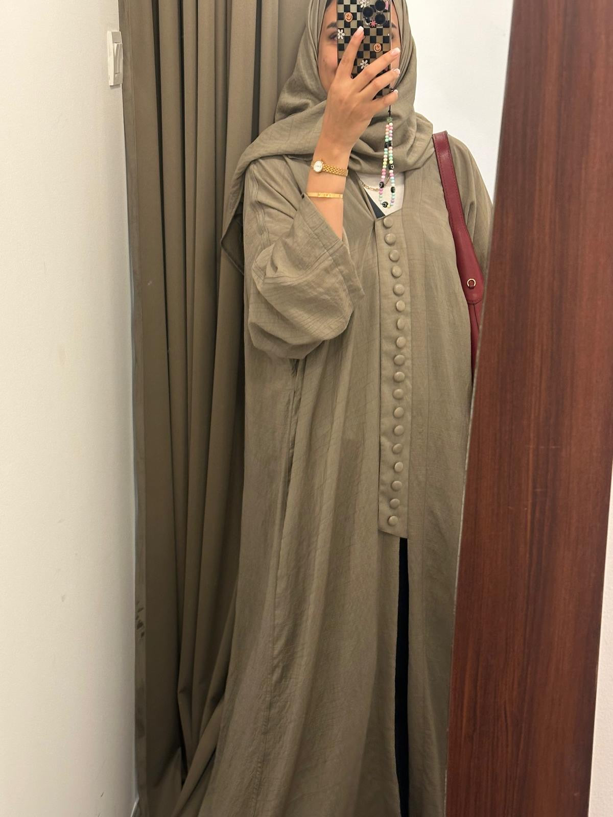 Abaya - Sand beige neutral tone designed with delicate button details
